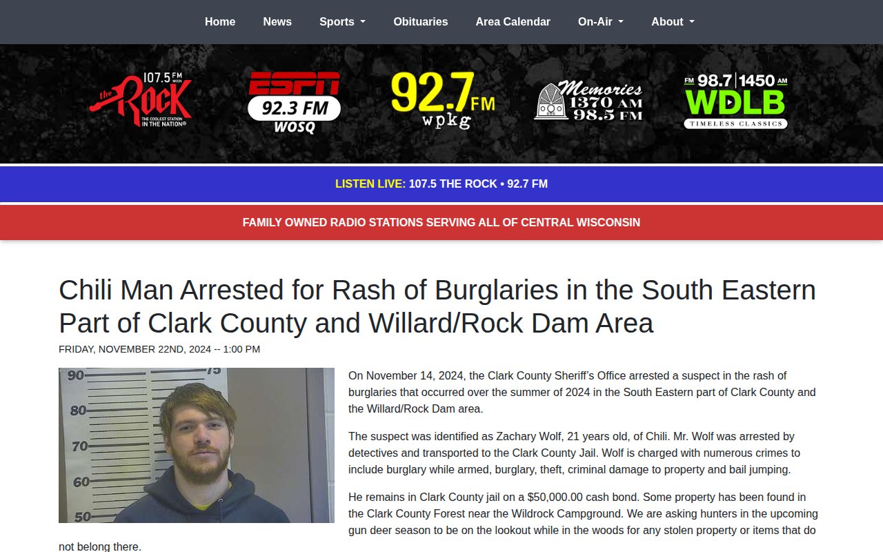 CWB Radio Clark County arrest-news story with source-attributed allegations